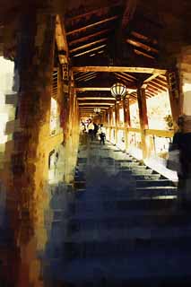 illust, materiale, libero panorama, ritratto dipinto, matita di colore disegna a pastello, disegnando,Il su corridoio di Tempio di Hase-dera, corridoio, Gradini, adoratore, Mitera del fiore