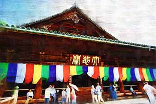 illustration,material,free,landscape,picture,painting,color pencil,crayon,drawing,The worship hall of a Buddhist temple of Hase-dera Temple, The main hall of a Buddhist temple, wooden building, Chaitya, Mitera of the flower
