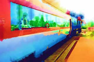 illustration,material,free,landscape,picture,painting,color pencil,crayon,drawing,A Korean train, train, I am powerful, Traction, 