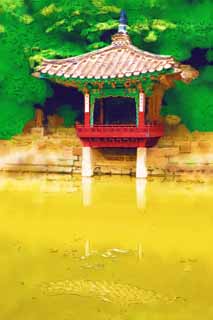 illustration,material,free,landscape,picture,painting,color pencil,crayon,drawing,The love lotus bower of the edge of love Hasuike, The Imperial Court architecture, I am wooden, pond, world heritage