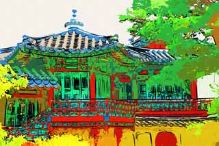 illustration,material,free,landscape,picture,painting,color pencil,crayon,drawing,The building of the Akitoku shrine, The Imperial Court architecture, tile, Reja, world heritage