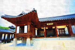 illustration,material,free,landscape,picture,painting,color pencil,crayon,drawing,Comfortable good Hitoshi, The Imperial Court architecture, tile, Reja, world heritage