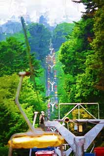 illustration,material,free,landscape,picture,painting,color pencil,crayon,drawing,An echo lift of Mt. Takao, lift, Sightseeing, Mountain climbing, Hiking