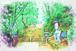 illustration,material,free,landscape,picture,painting,color pencil,crayon,drawing,A mountain trail of Mt. Takao, The ascetic practices Great Teacher, Mountain climbing, Hiking, forest