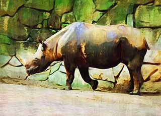 illust, material, livram, paisagem, quadro, pintura, lpis de cor, creiom, puxando,Higashi lustram rinoceronte, rinoceronte, , chifre, 