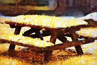 illustration,material,free,landscape,picture,painting,color pencil,crayon,drawing,The lively bench of snow and the ginkgo, Colored leaves, ginkgo, Yellow, table
