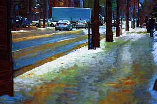 illustration,material,free,landscape,picture,painting,color pencil,crayon,drawing,According to Sapporo, roadside tree, paved road, car, The snow removing