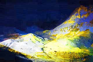 illustration,material,free,landscape,picture,painting,color pencil,crayon,drawing,Noboribetsu Onsen Hell Valley, hot spring, Sulfur, Terrestrial heat, volcano