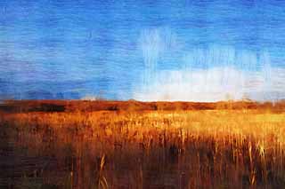 Illust, materieel, vrij, landschap, schilderstuk, schilderstuk, kleuren potlood, crayon, werkje,De vochtigheid vlakte van de Lake Uto Ney, Vochtigheid maalde, Vochtigheid vlakte, Maak gras droog, Blauwe lucht