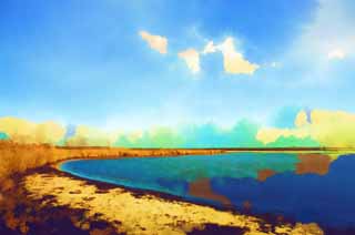 illust, matire, libre, paysage, image, le tableau, crayon de la couleur, colorie, en tirant,Lake Uto Ney, Terre humide, Glace, Geler, ciel bleu