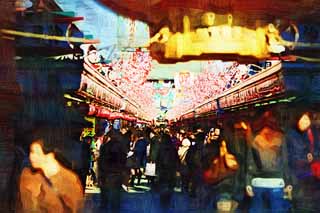 Illust, materieel, vrij, landschap, schilderstuk, schilderstuk, kleuren potlood, crayon, werkje,De opkomst van winkelt voering een looppad, Toeristisch, Senso-ji Tempel, Asakusa, Lantaarn