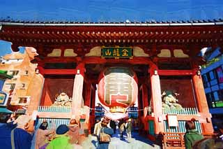 Illust, materieel, vrij, landschap, schilderstuk, schilderstuk, kleuren potlood, crayon, werkje,Kaminari-mon Poort, Bezoekende touristenplaats stip, Senso-ji Tempel, Asakusa, Lantaarn