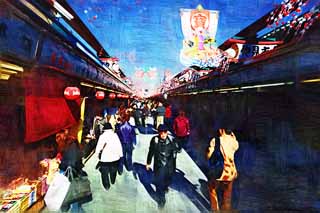 illustration,material,free,landscape,picture,painting,color pencil,crayon,drawing,The turnout of shops lining a passageway, tourist, Senso-ji Temple, Asakusa, New Year holidays decoration