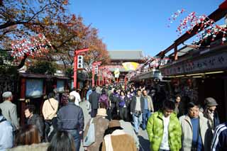 Foto, materieel, vrij, landschap, schilderstuk, bevoorraden foto,De opkomst van winkelt voering een looppad, Toeristisch, Senso-ji Tempel, Asakusa, Nieuwjaar vakantiedagen decoratie
