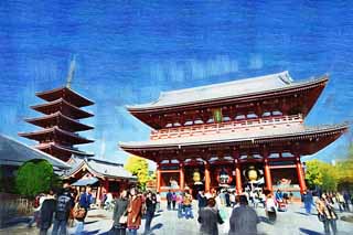 illust, materiale, libero panorama, ritratto dipinto, matita di colore disegna a pastello, disegnando,Tempio di Senso-ji Hozo-mon il cancello, facendo il turista macchia, Tempio di Senso-ji, Asakusa, lanterna