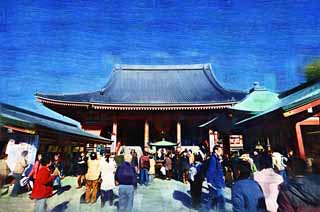 illust, materiale, libero panorama, ritratto dipinto, matita di colore disegna a pastello, disegnando,Il Tempio di Senso-ji sala principale di un tempio buddista, facendo il turista macchia, Tempio di Senso-ji, Asakusa, lanterna