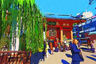 illustration,material,free,landscape,picture,painting,color pencil,crayon,drawing,Kaminari-mon Gate, sightseeing spot, Senso-ji Temple, Asakusa, lantern