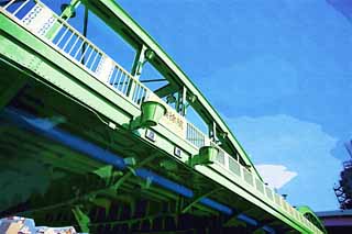 illustration,material,free,landscape,picture,painting,color pencil,crayon,drawing,A stable bridge, bridge, Sumida River descent, An iron bridge, Traffic