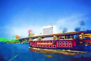illustration,material,free,landscape,picture,painting,color pencil,crayon,drawing,Sumida River descent, bridge, Sumida River descent, ship, Traffic