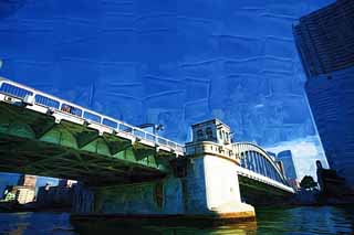illust, materiale, libero panorama, ritratto dipinto, matita di colore disegna a pastello, disegnando,Un gridi di ponte di vittoria, ponte, Discesa di Fiume di Sumida, Un ponte di ferro, Traffico