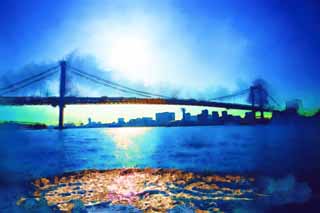 illustration,material,free,landscape,picture,painting,color pencil,crayon,drawing,Rainbow Bridge, bridge, drive course, An oyster bird, seaside newly developed city center