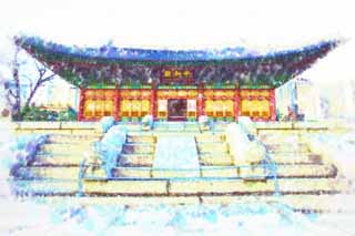 illustration,material,free,landscape,picture,painting,color pencil,crayon,drawing,The virtue Kotobuki shrine Hall of Central Harmony, palace building, I am painted in red, stone pavement, Tradition architecture