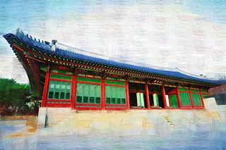 illustration,material,free,landscape,picture,painting,color pencil,crayon,drawing,Virtue Kotobuki shrine Xianning , palace building, I am painted in red, Bluish green, Tradition architecture