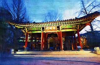 illustration,material,free,landscape,picture,painting,color pencil,crayon,drawing,The virtue Kotobuki shrine light gate, palace building, bell, water clock, The Imperial Court