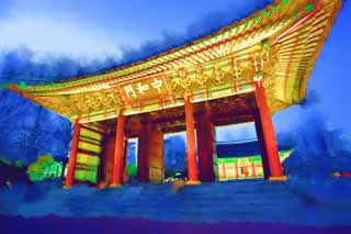 illustration,material,free,landscape,picture,painting,color pencil,crayon,drawing,The virtue Kotobuki shrine neutralization gate, palace building, I am painted in red, sloppy image, Tradition architecture