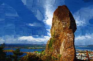illust, materiale, libero panorama, ritratto dipinto, matita di colore disegna a pastello, disegnando,La pietra enorme dello Shiroyama Hiji la vetta, ilchulbong di seongsan, Cliff, isola vulcanica, macchia di bellezza