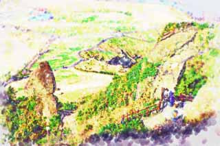 illustration,material,free,landscape,picture,painting,color pencil,crayon,drawing,Shiroyama Hiji peak, seongsan ilchulbong, Cliff, volcanic island, beauty spot