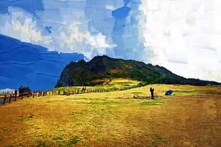 illust, materiale, libero panorama, ritratto dipinto, matita di colore disegna a pastello, disegnando,Shiroyama Hiji la vetta, ilchulbong di seongsan, Cliff, isola vulcanica, macchia di bellezza