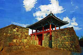 illustration,material,free,landscape,picture,painting,color pencil,crayon,drawing,Castle town folk village prefectural office trace, I am painted in red, government office, Tradition architecture, Culture