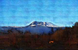 illust, materiale, libero panorama, ritratto dipinto, matita di colore disegna a pastello, disegnando,Mt. Hanna, isola vulcanica, Copertura di neve, cielo blu, 