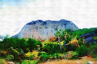 Illust, materieel, vrij, landschap, schilderstuk, schilderstuk, kleuren potlood, crayon, werkje,Sanbanggul tempel, Wankele berg, Chaitya, Vulkanische activiteit, Klif
