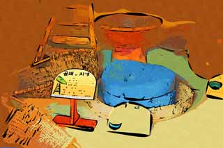 illust, material, livram, paisagem, quadro, pintura, lpis de cor, creiom, puxando,Um moinho de pedra coreano, Agricultura, colheita, Cereais, Cultura tradicional