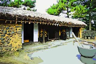 Illust, materieel, vrij, landschap, schilderstuk, schilderstuk, kleuren potlood, crayon, werkje,Een Koreaanse traditie particulier huis, Huis, Deur, Particulier huis, Traditionele cultuur