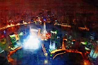 illustration,material,free,landscape,picture,painting,color pencil,crayon,drawing,A night view of Shanghai, Shanghai, World Financial Center, observatory, night