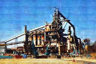 illustration,material,free,landscape,picture,painting,color pencil,crayon,drawing,Dismantling a blast furnace, JFE, blast furnace, Chiba, 