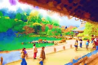 illust, matire, libre, paysage, image, le tableau, crayon de la couleur, colorie, en tirant,Tenryu-ji jardinent, Chaitya, tang, patrimoine de l'humanit, Sagano