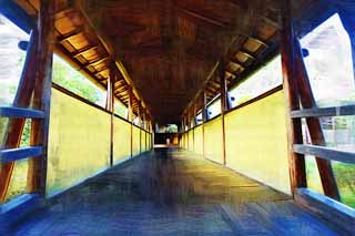 illustration,material,free,landscape,picture,painting,color pencil,crayon,drawing,Tenryu-ji roofed passage connecting buildings, Chaitya, room with a wooden floor, world heritage, Sagano