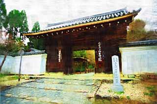 illustration,material,free,landscape,picture,painting,color pencil,crayon,drawing,House of Buddha and Amitabha outer gate, Chaitya, The gate with a gable roof of Fushimi Castle, stone pavement, Nine dragon Sarasvati
