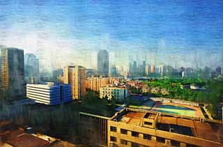 illustration,material,free,landscape,picture,painting,color pencil,crayon,drawing,Morning of Shanghai, building, The morning sun, residential area, truck