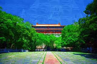 illustration,material,free,landscape,picture,painting,color pencil,crayon,drawing,Light Ming Xiaoling Mausoleum Castle tower, Tomorrow morning, stone pillar, The first emperor, world heritage