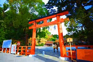 illustration,material,free,landscape,picture,painting,color pencil,crayon,drawing,Two Kamigamo Shrine toriis, torii, Shinto straw festoon, Prevention against evil, The Emperor