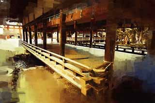 illustration,material,free,landscape,picture,painting,color pencil,crayon,drawing,Kamigamo Shrine river bridge house, Sei God, God, world heritage, The Emperor