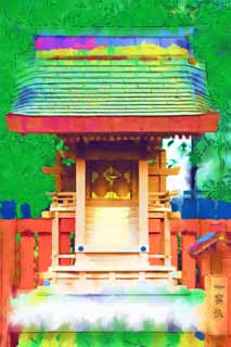 illustration,material,free,landscape,picture,painting,color pencil,crayon,drawing,Shimogamo Shrine Inno-sha, An offertory box, wooden building, Storehouse flash of lightning God, Imperial seal Oga