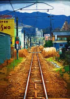 Illust, materieel, vrij, landschap, schilderstuk, schilderstuk, kleuren potlood, crayon, werkje,JR Sakurai Line, Spoorweg, Trein, Forensentrein, 221 systeem trein