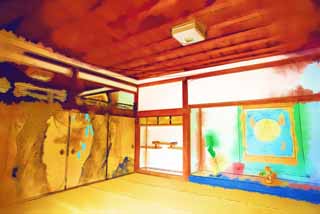 Illust, materieel, vrij, landschap, schilderstuk, schilderstuk, kleuren potlood, crayon, werkje,Ninna-ji Tempel fusuma beelden, Fukui boete weersgesteldheid zeil, Jap-trant kamer, Japans traditioneel schilderstuk, Mandala