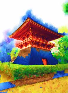 illust, matire, libre, paysage, image, le tableau, crayon de la couleur, colorie, en tirant,Tour de la cloche de Ninna-ji Temple, La taille arrire d'un type d'hakama, tour de la cloche, cloche de temple, patrimoine de l'humanit